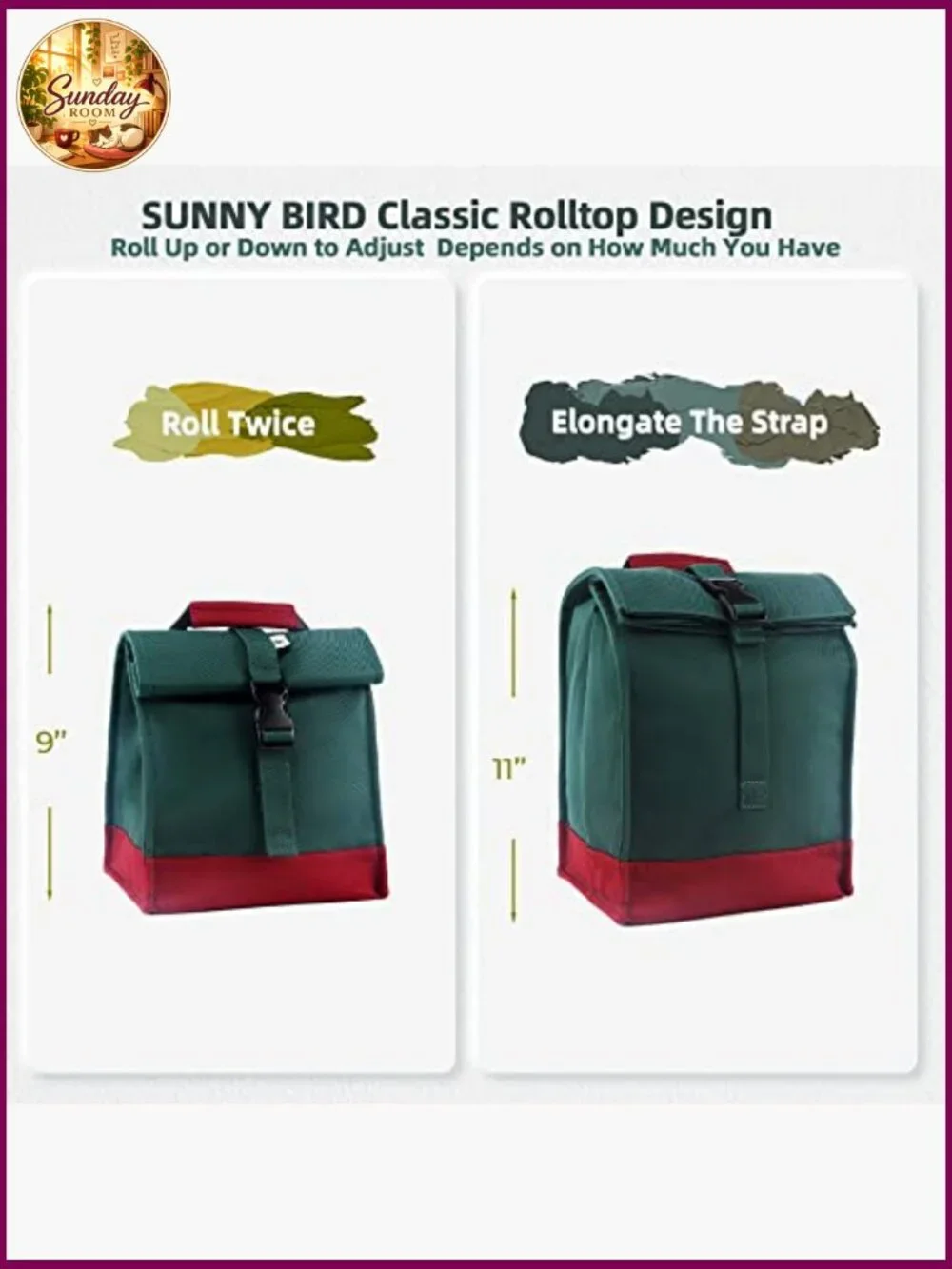 Insulated Rolltop Lunch Bag Tote with Shoulder Strap 8L Capacity